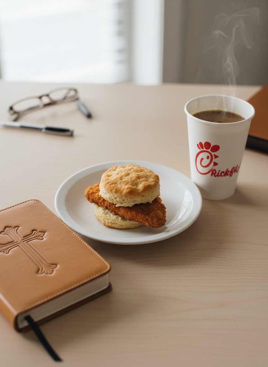 A close-up, overhead view of a modest breakfast setup: a Chick-fil-A chicken biscuit on a simple white plate, a steaming paper cup of coffee with the red logo facing the viewer, and a leather-bound journal opened to a blank page with a cross-embossed cover partially visible. A slim black Bible bookmark ribbon peeks out from beneath the journal. Soft, diffused natural light from the left creates gentle, contemplative shadows and highlights the textures of biscuit, paper, and leather. The background is a clean, neutral tabletop with minimal clutter. Photographic realism with a balanced, centered composition conveys focus, order, and a quiet moment of preparation for a day guided by faith.