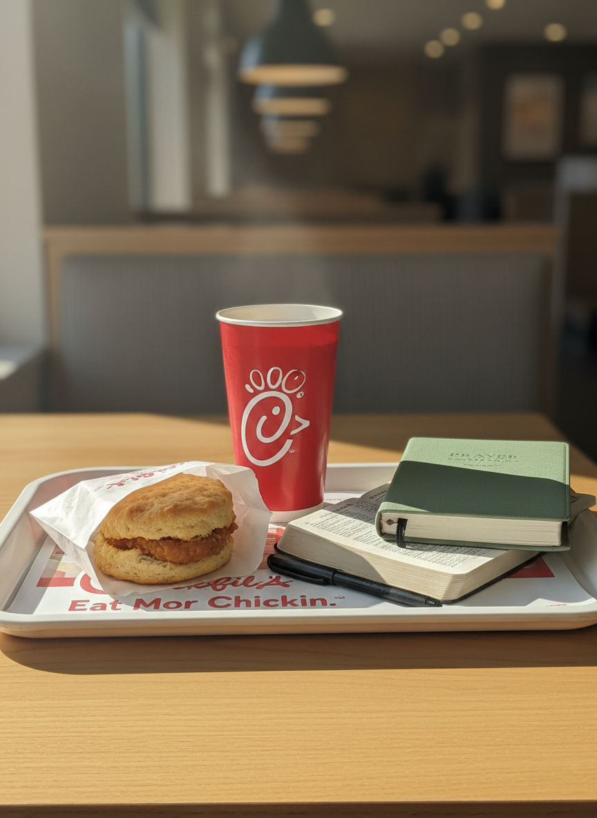 A neatly arranged Chick-fil-A breakfast tray on a light wooden table, featuring a warm chicken biscuit in a lightly crinkled wrapper, a small open Bible with thin, slightly worn pages, and a spiral-bound prayer journal with a black pen resting diagonally across it. Soft morning sunlight streams through an unseen window, casting gentle highlights on the glossy red Chick-fil-A logo cup and subtle shadows along the Bible’s text. The background is softly blurred, hinting at a clean, modern restaurant interior. Photographic realism, shot at eye level with a shallow depth of field, creating a calm, reflective atmosphere that feels professional yet warmly inviting, perfect for illustrating a faith-filled morning routine.